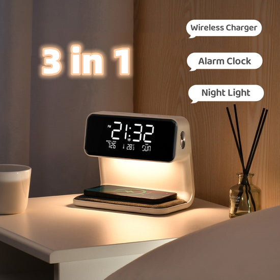 Creative 3 In 1 Bedside Lamp Wireless Charging LCD Screen Alarm Clock  Wireless Phone Charger For Iphone